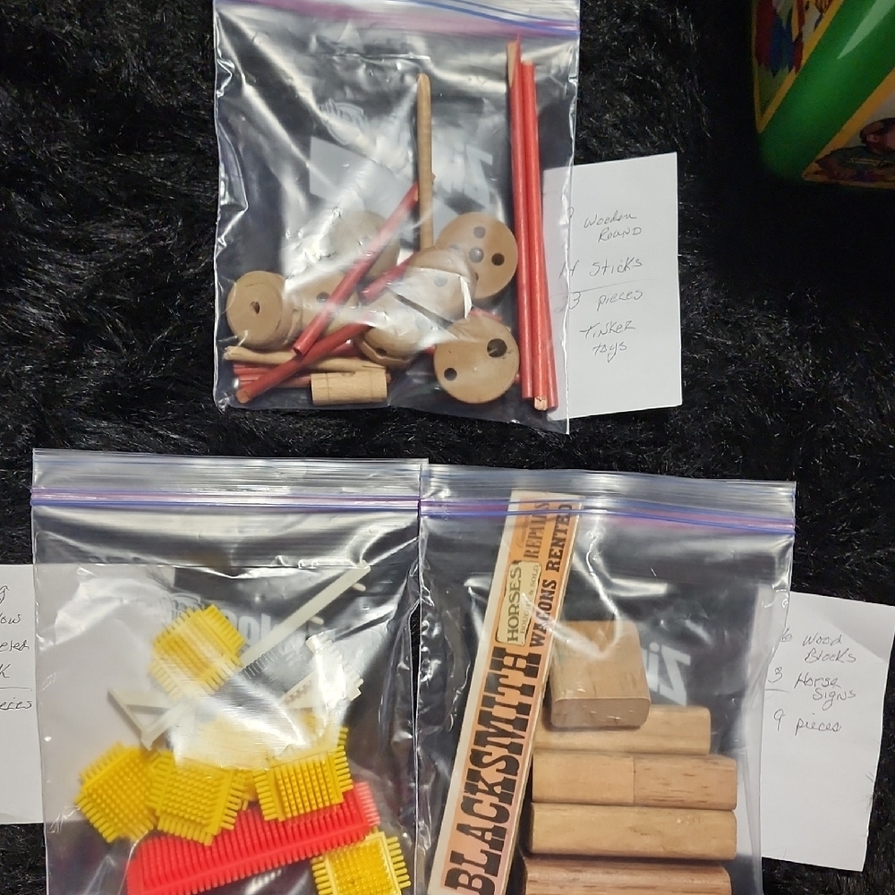 VINTAGE  ASSORTMENT WOODEN & PLASTIC BUILDING BLOCKS. 3 Bags Total.